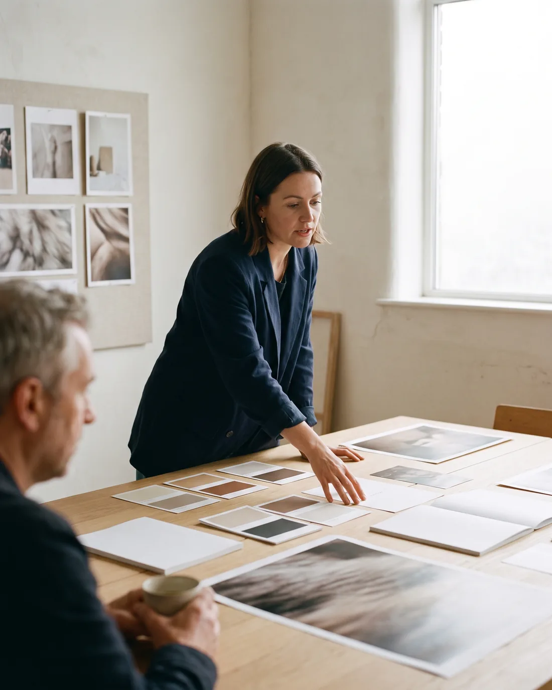 A senior CMO reviewing the work in a calm Netherlands boardroom