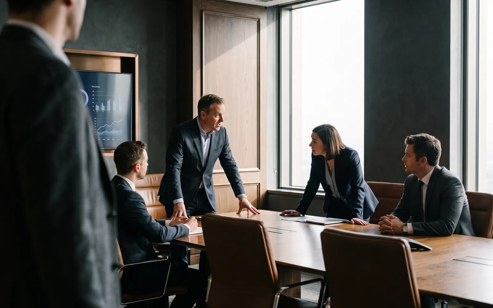 A team meets in a dark, wood-panelled room